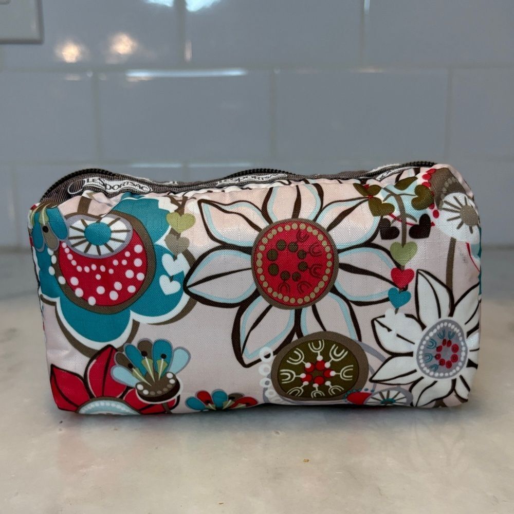 LeSportsac Fantazmic Floral Brown Pouch Cosmetic Bag Travel Organizer Y2K Nylon